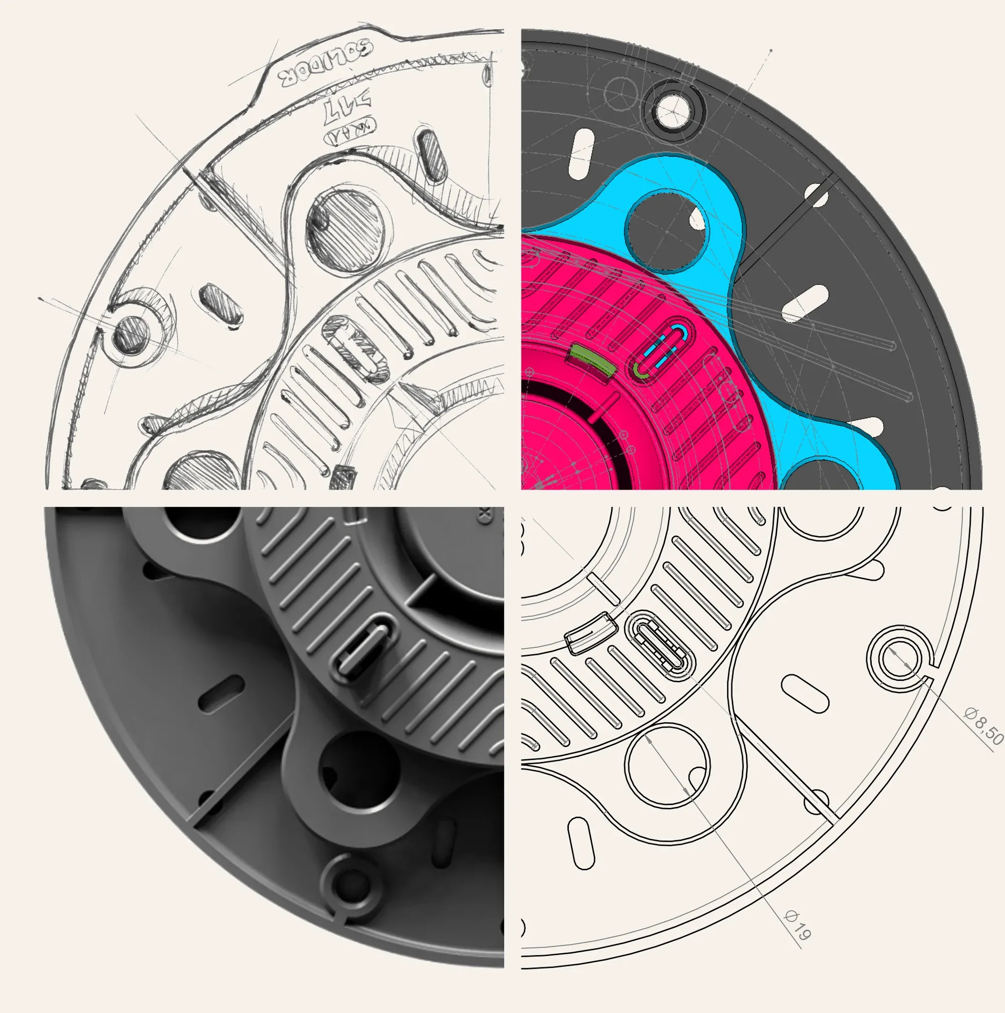 Eén product in vier kwadranten: potloodschets, CAD, technische tekening, rendering